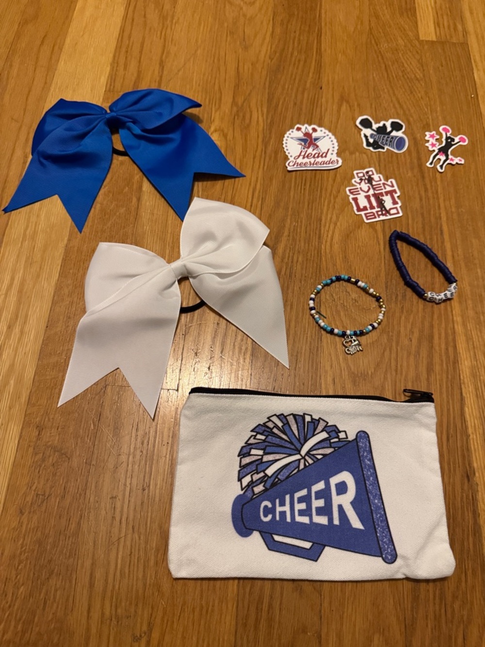 Blue and White Cheer Hair Bows with Cheer Pouch - Kids Accessories